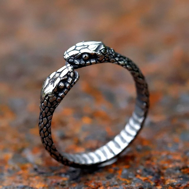 Ring Edelstahl, Wikinger Stil, zweiköpfige Schlange, Herren - Bild 1