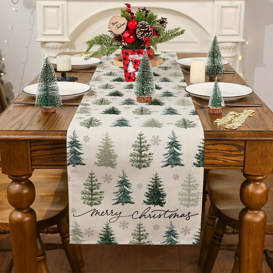 VIKAMA Weihnachts Tischläufer mit Kiefer und Schneeflocken Motiv in Weiß, B/H: 183 x 33 cm - Bild 2