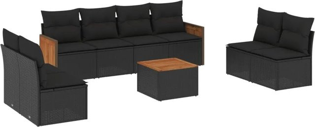 vidaXL 9-teilige Garten-Sofagarnitur aus Poly-Rattan und Akazienholz in Schwarz mit Kissen - Bild 1
