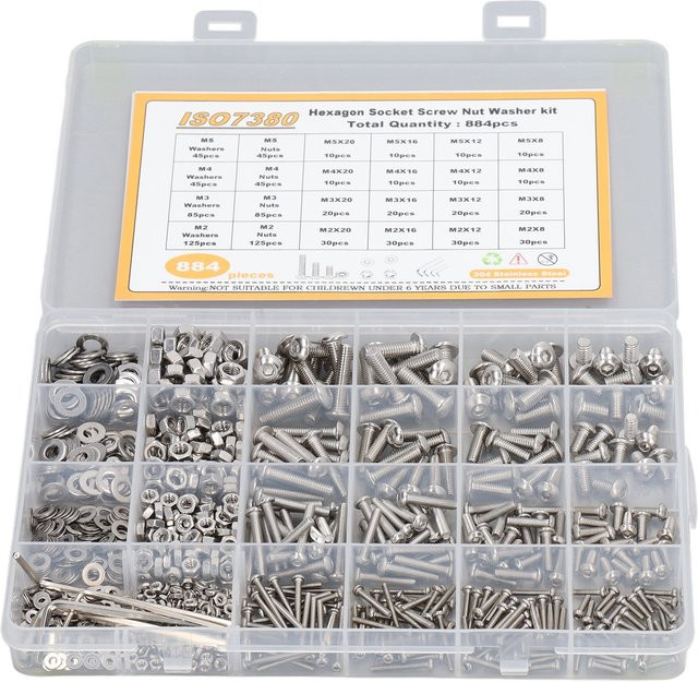TOPINCN 884-teiliges Edelstahl-Schraubenset in Silber mit M2, M3, M4, M5 Innensechskantschrauben, Muttern und Unterlegscheiben - Bild 1