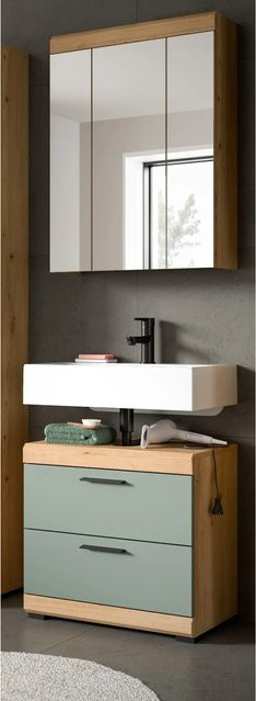 Inn.Furn Badmöbel Set Shawn 2-teilig in Grün und Eiche mit Spiegelschrank und Waschtischunterschrank, Breite: 60 cm - Bild 1