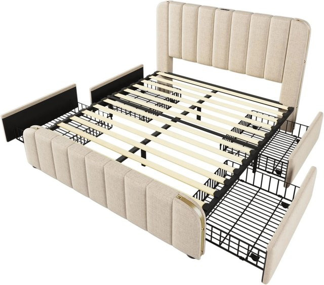 Merax Polsterbett mit 4 Schubladen und USB-C Ladestation in Beige - Bild 1