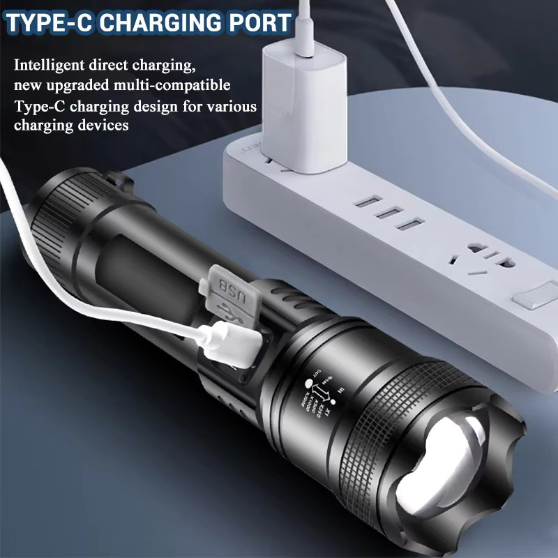 KDULIT P70 LED Taschenlampe in Schwarz mit 5000 lm, USB wiederaufladbar, taktisches Aluminium-Licht mit Teleskop-Zoom und eingebautem Akku - Bild 4
