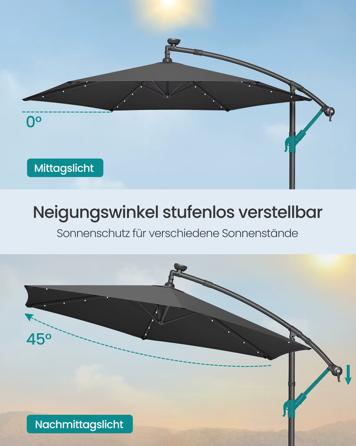 SONGMICS Ausleger-Gartenschirm mit Sockel in Weiß, 3 m Bananen-Hängeschirm mit 32 solarbetriebenen LED-Leuchten und UPF 50+ Sonnenschutz - Bild 5