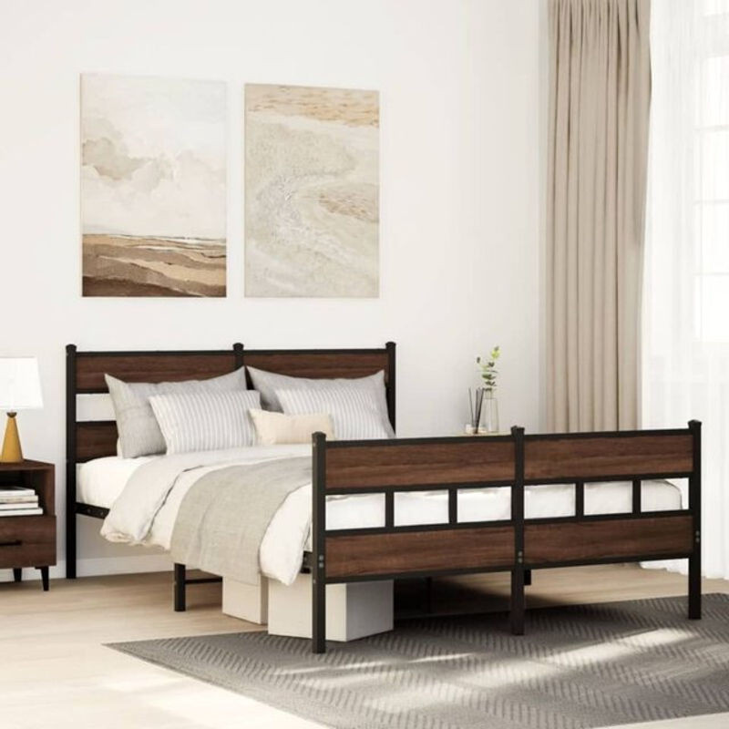 Vidaxl Metallbett im Industrial Design mit Kopf- und Fußteil, Braun/Nussbaum, B: 137 cm, L: 190 cm - Bild 1