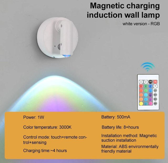 YJMP Super Lighting Kabellose LED Wandleuchte mit magnetischer Basis, USB-wiederaufladbar, dimmbar mit Touch-Schalter und Fernbedienung, Weiß - Bild 1