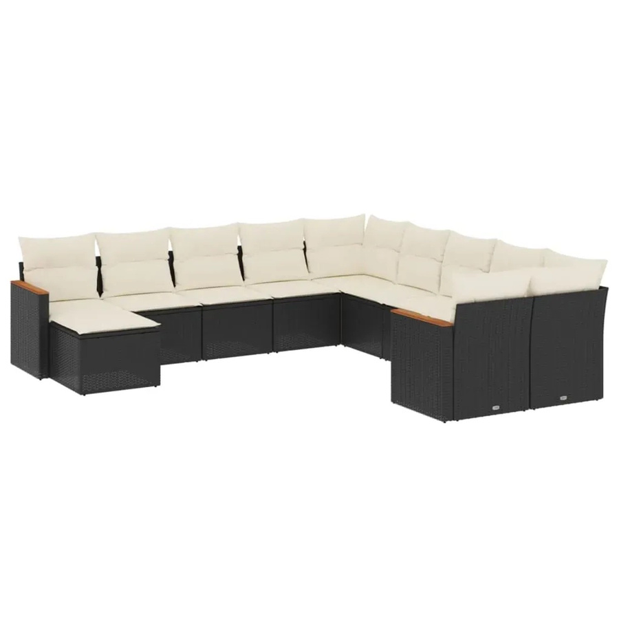 vidaXL 11-tlg. Garten-Sofagarnitur in U-Form aus Poly-Rattan und Akazienholz mit Kissen, Schwarz - Bild 2