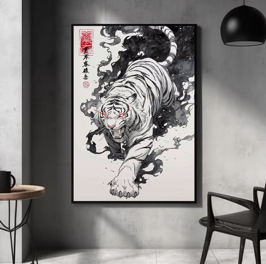 Potdemiel Retro Illustration Poster Japanische Waldtierwelt Fierce Tiger Leinwand Wandkunst Bild Mehrfarbig - Bild 3