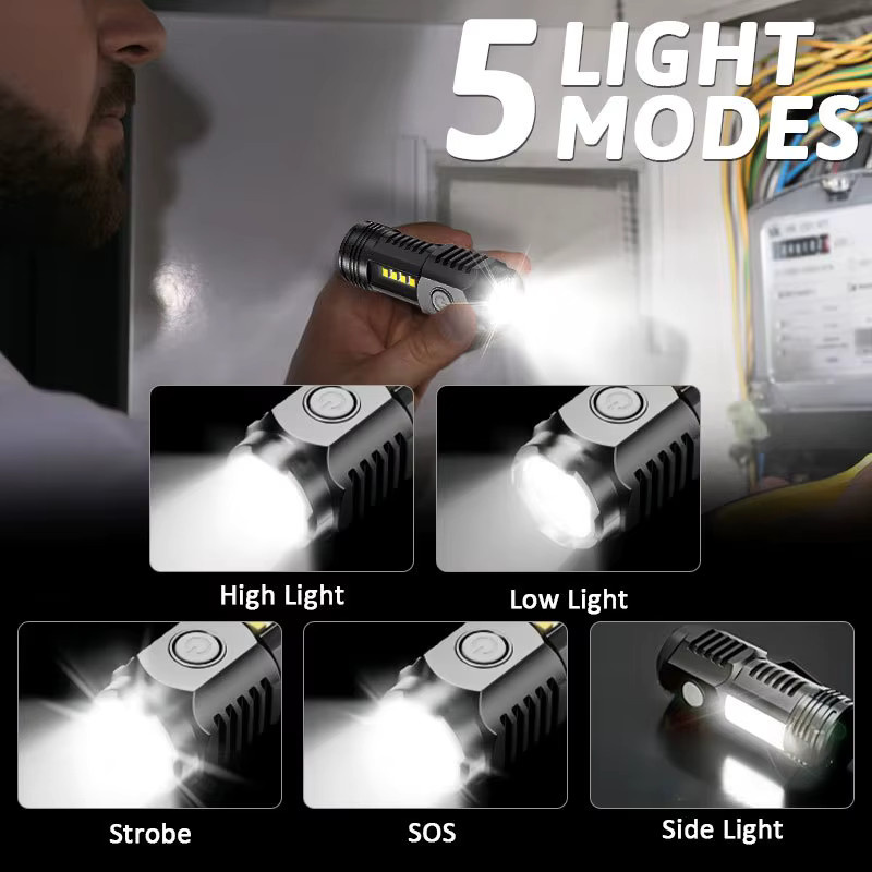 XIWANGFIRE Mini-Taschenlampe mit 3 LED und COB, USB wiederaufladbar, Schwarz, mit Clip für Outdoor und Camping - Bild 3