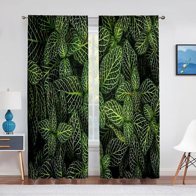 Super Six Transparent Voile Vorhang mit grünem Blätter- und floralem Muster in Blau, Breite: 100 cm, Höhe: 250 cm - Bild 1