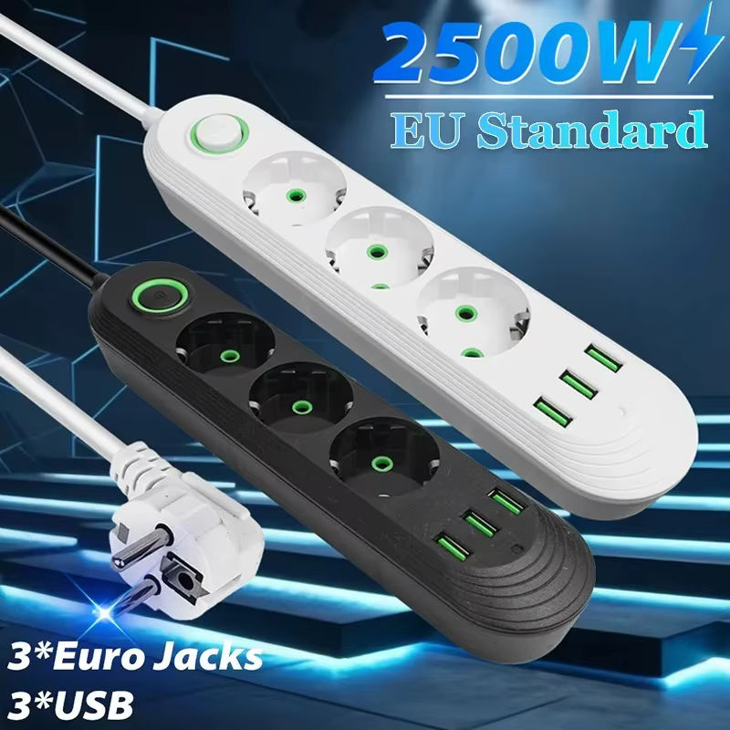 AXUS Steckdosenleiste in Schwarz mit 3 USB-Anschlüssen und 2m Verlängerungskabel, Mehrfachsteckdose bis 2500W mit EU-Stecker - Bild 5