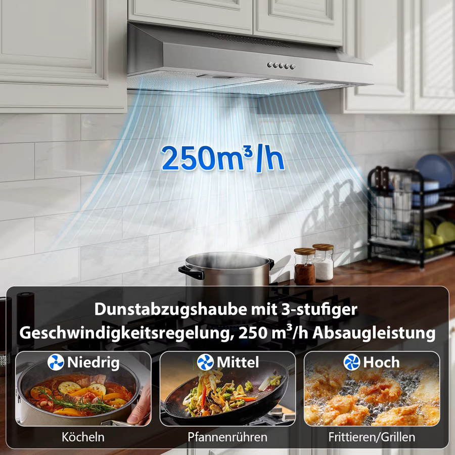TopStrong Unterbau-Dunstabzugshaube in Edelstahl, Breite: 60 cm, 250 m³/h Luftleistung, Energieeffizienzklasse A++, mit LED-Display - Bild 3