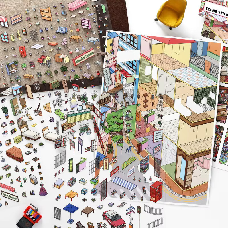 Infeelme Scenery Building Sticker Set Hot Spring Town DIY Decal in Multicolour - Bild 4