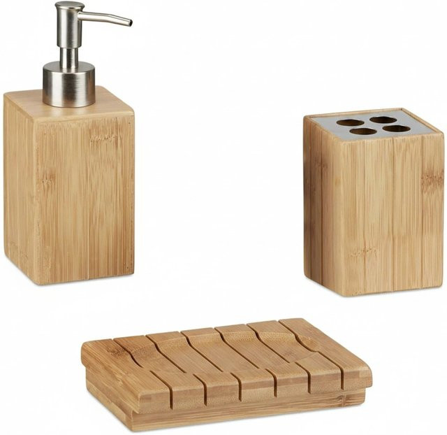 Relaxdays Badaccessoires Set aus Bambus in Beige, 3-teilig mit Seifenspender, Seifenschale und Zahnbürstenhalter - Bild 1