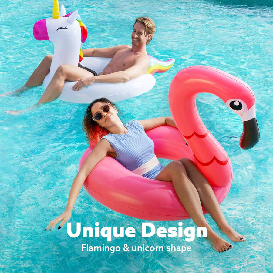 SLOOSH 2er-Pack aufblasbare Pool-Schwimmreifen in Einhorn- und Flamingo-Design für Strand und See - Bild 2