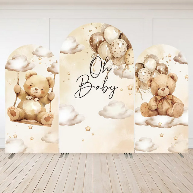 VIKAMA Stretch Hintergrundtuch Bär Motiv in Beige für Baby Party und Geburtstag Dekoration, B/H: 120 x 50 cm - Bild 1