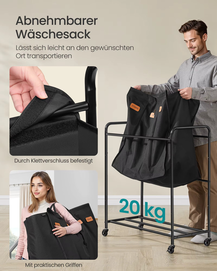 SONGMICS Wäschesammler mit 4 Fächern und Rollen, 200L Wäschewagen aus Stoff, schwarz - Bild 6