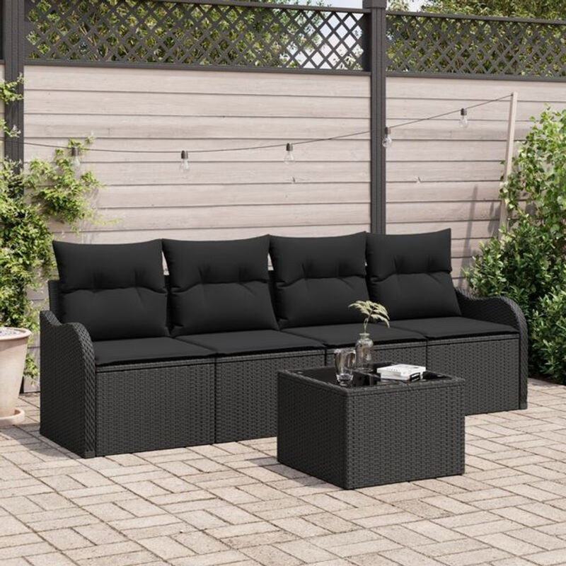 Vidaxl Garten-Sofa-Set aus Polyrattan mit 5 Teilen und Kissen in Schwarz, Modernes Loungemöbel aus Stahl und Polyester, B/T/H: 55 x 55 x 37 cm - Bild 1