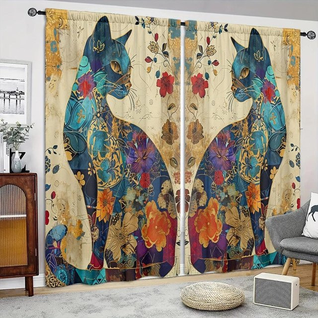 Beiges Set aus 2 Katzen-Druck Vorhängen mit grafischem Tiermotiv für Wohnzimmer, Küche oder Schlafzimmer, Breite: 52,5 cm, Höhe: 116 cm - Bild 1