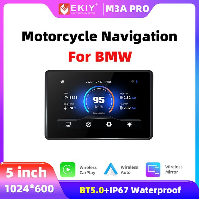 EKIY 5-Zoll Wireless CarPlay und Android Auto Navigationsbildschirm für BMW R1200GS R1250GS in Schwarz - Bild 1