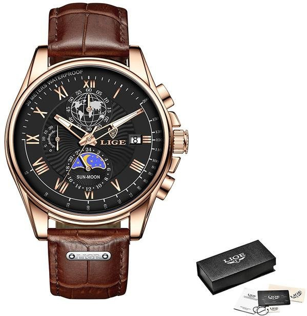 LIGE Armbanduhr, Quarz, Edelstahl, Gold/Schwarz, Herren, 42 mm - Bild 1