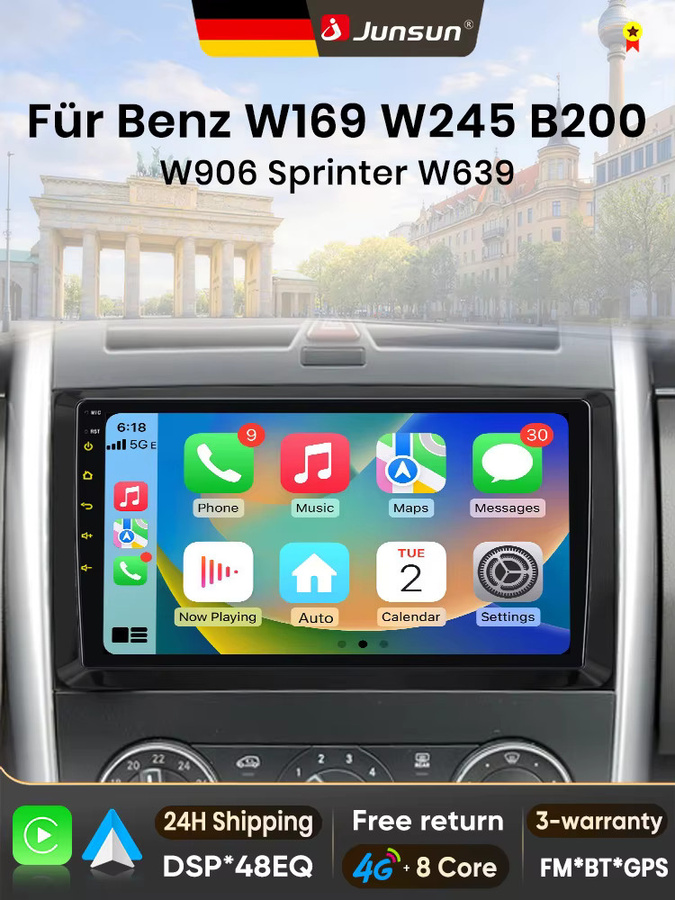 Junsun Android 15 Autoradio mit 9 Zoll IPS-Bildschirm und kabellosem Apple CarPlay für Mercedes Benz W164 W245 B200 W906 Sprinter W639 Vito in Schwarz - Bild 6