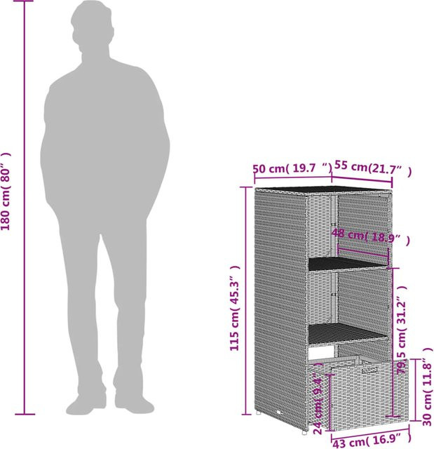 vidaXL Gartenschrank aus Poly-Rattan in Schwarz mit Türen und Regalböden, B/T/H: 50 x 55 x 115 cm - Bild 3