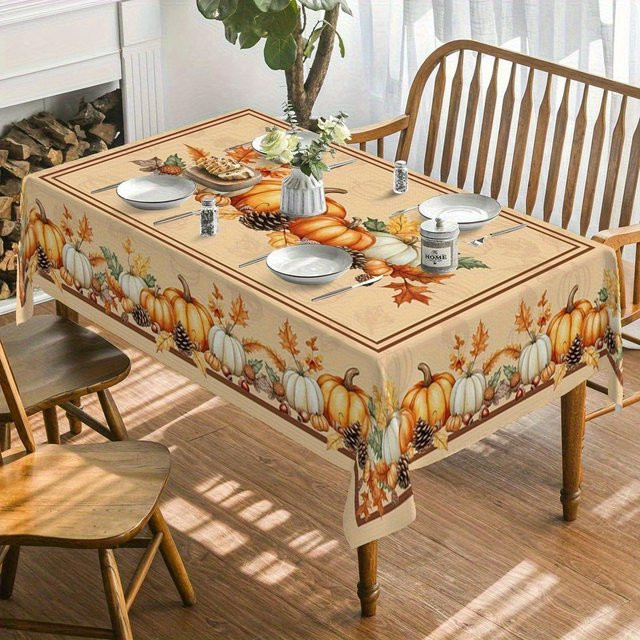 JMG Household Supplies Tischdecke für Herbst und Thanksgiving mit Kürbis-, Ahornblatt- und Tannenzapfen-Motiv, Beige, B/T: 140 x 90 cm - Bild 1