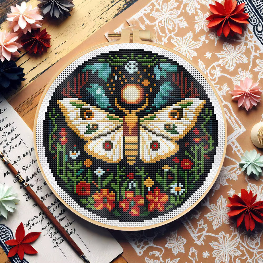 MomoArt DIY Kreuzstich-Set mit Schmetterlingsmuster und Blumen, 11 ct bedruckte Leinwand inklusive Stickrahmen und Werkzeug, Mehrfarbig - Bild 3