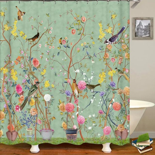 Wasserdichter Duschvorhang im chinesischen Stil mit Blumen, Vögeln und Bäumen in Mehrfarbig, B/H: 300 x 180 cm - Bild 1
