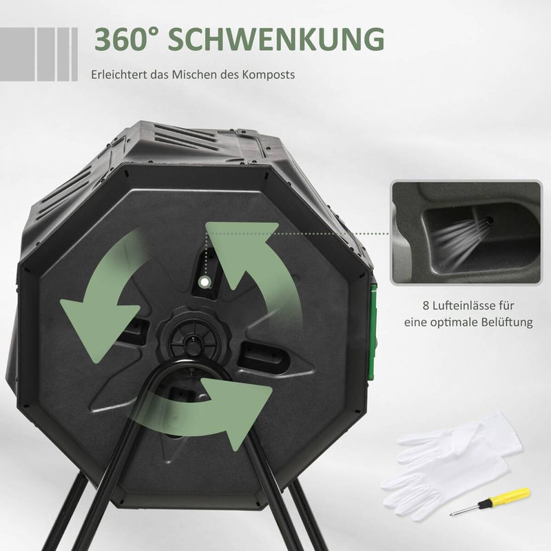 Outsunny Trommel-Komposter mit 2 Kammern für Bio-Abfälle, 160l, drehbar, Schwarz - Bild 5
