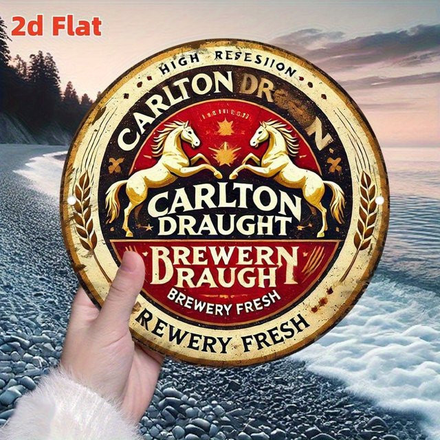 Vintage Carlton Draft Brewery Metallblechschild Potdemiel – Runde Aluminium-Wanddekoration mit goldenen Pferden in Rot, Gelb und Gold, Durchmesser: 20 cm - Bild 1