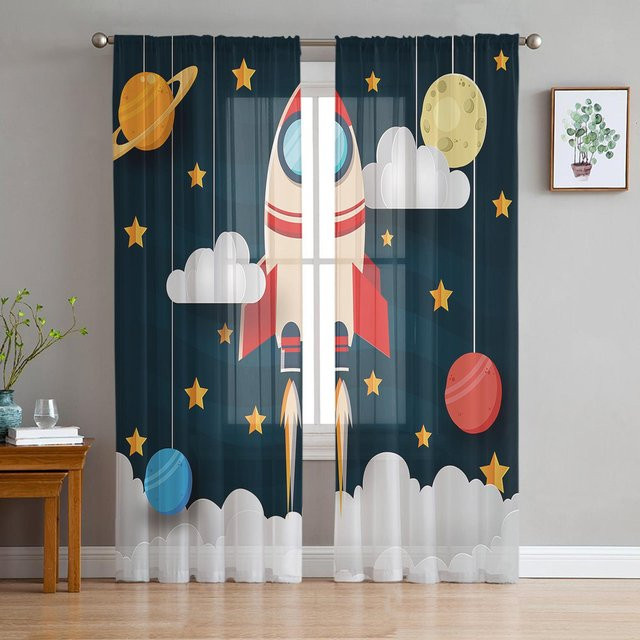 Transparente Organza-Vorhänge mit Raketen-Weltraum-Motiv in Weiß, B: 135 cm, H: 115 cm - Bild 1