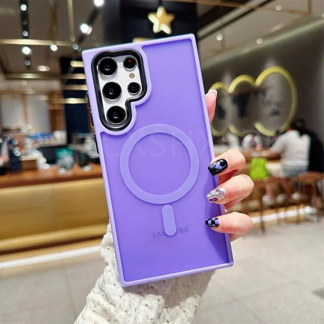 Stoßfeste und durchscheinende MagSafe-kompatible kabellose Ladehülle für Samsung Galaxy S23, S22 Ultra und S23 Plus in Transparent oder Purple - Bild 1