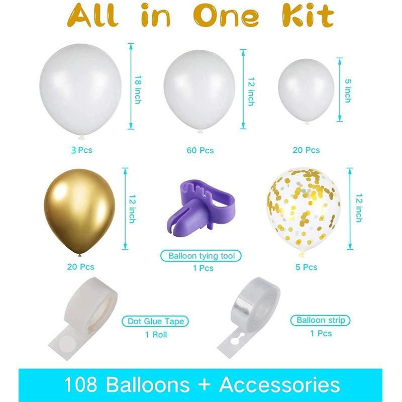 WTEMPO Ballonbogen Set aus 108 Stück in Weiß und Gold, Latex Ballongirlande für Geburtstag, Hochzeit und Babyparty - Bild 2