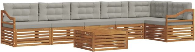 vidaXL Outdoor-Sofagarnitur aus Akazien-Massivholz in L-Form, 7-teiliges Set mit Tisch und Kissen, Farbe: Natur und Hellgrau - Bild 1