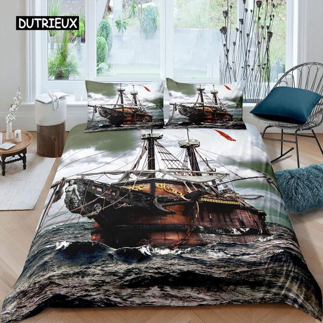 Bettbezug-Set mit Segelboot-Motiv und Sonnenuntergang aus Mikrofaser, Marine-Design, B/H: 140 x 210 cm - Bild 1