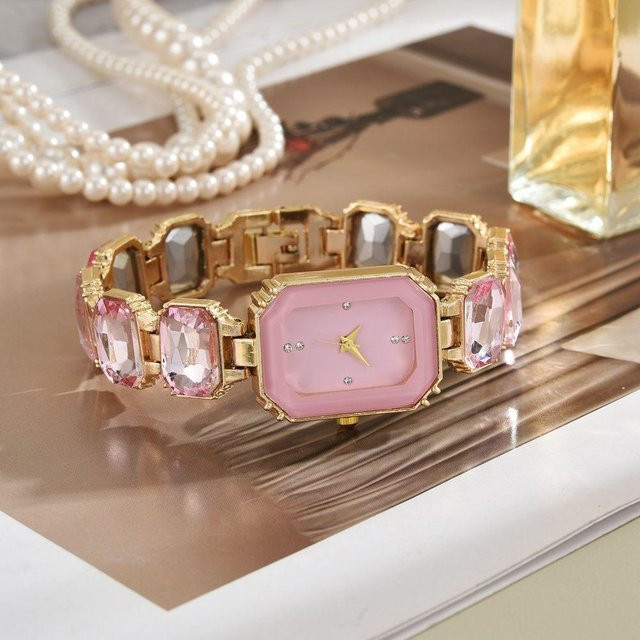 MOONBIFFY Armbanduhr, Edelstahl, Quarz, eckig, Diamant, rosa, Damen - Bild 1