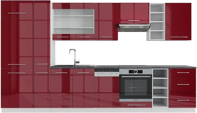 Vicco Küchenzeile Fame-Line Einbauküche Bordeaux Hochglanz und Weiß, Breite: 355 cm - Bild 2