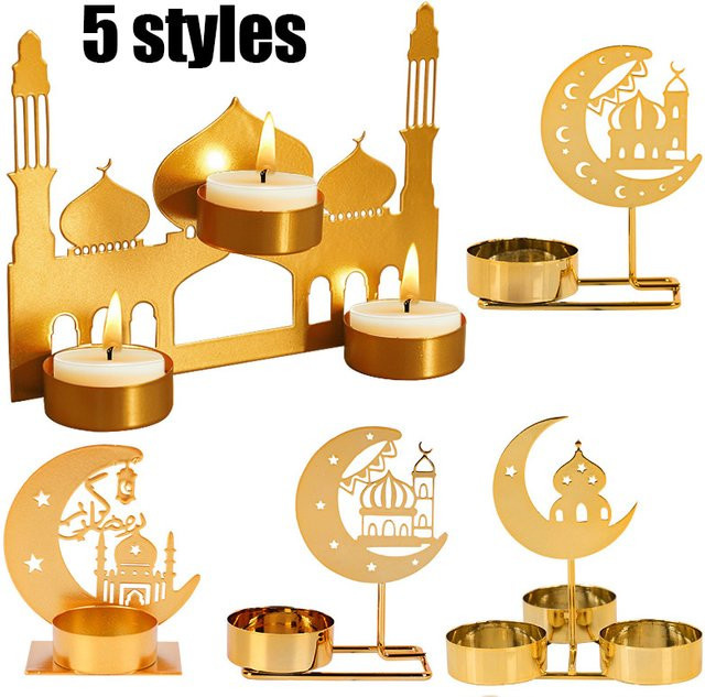 ZQNYCY Ramadan Kerzenhalter aus Metall in Gold mit Mond, Stern und Moschee Design für Eid Mubarak Dekorationen - Bild 1