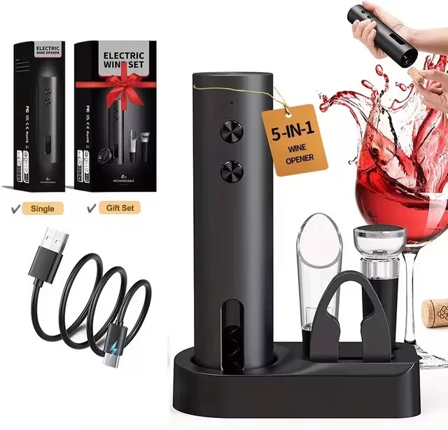 FLYMUYU Elektrischer Weinöffner Set in Schwarz mit Folienschneider, Weinausgießer und Vakuumstopfen, USB-C-Aufladung - Bild 1