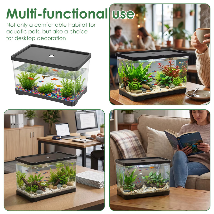 Willstar Transparentes Glas-Fischbecken mit Abdeckung, rechteckiges Desktop-Aquarium in Schwarz für Büro und Heimdekoration - Bild 5