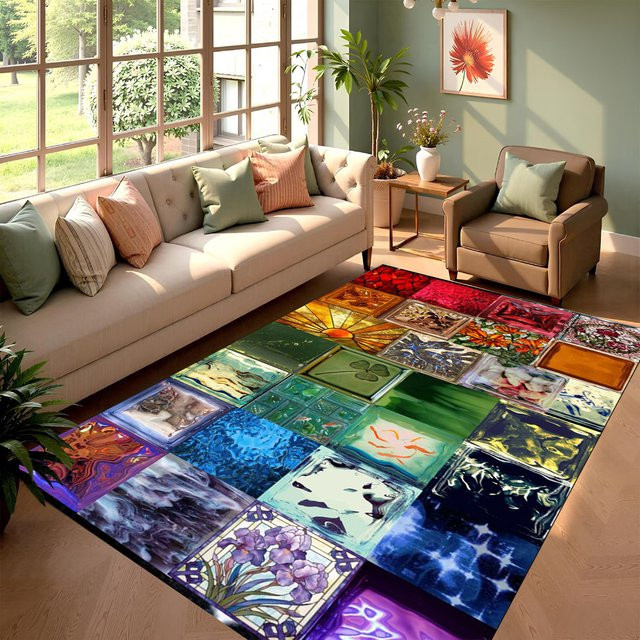Nordischer Teppich mit Mosaik-Glas-Muster und floralem Design in Mehrfarbig für Wohnzimmer und Schlafzimmer - Bild 1