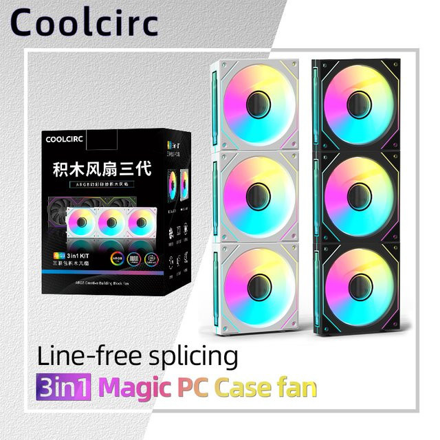 Coolcirc Kabelloser PC-Gehäuselüfter Dreifachpackung in Schwarz, 120 mm, 12 V/4 Pin PWM, 5 V/3 Pin ARGB, geräuschlos, geeignet für Wasserkühlung - Bild 1
