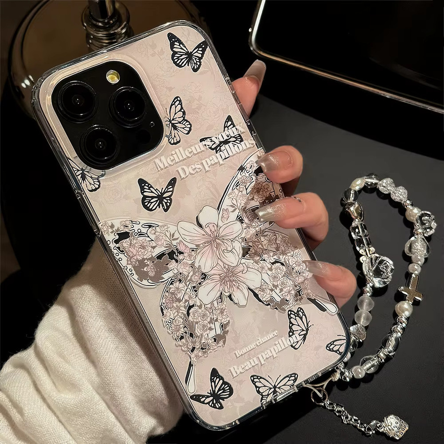 MUQGEW Handyhülle mit Koreanischem Blumen- und Schmetterlingsdesign sowie Armbandkette für iPhone 15 16 14 13 12 Pro Max, stoßfeste Dual Layer Schutzhülle - Bild 4