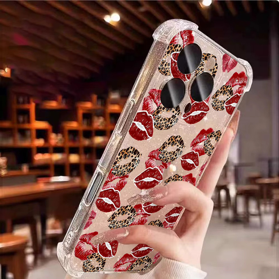 Glitzernde iPhone Handyhülle mit Schwarz-rotem Lippen-Kuss-Print aus transparentem Silikon für Apple iPhone 17, 16, 15, 14, 13, 12, 11 und Pro Max Modelle - Bild 3