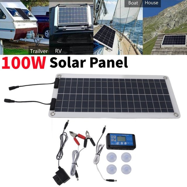 Polykristallines 100 W Solarpanel mit intelligentem Controller und zwei USB-C Ausgängen, wasserdicht, 12 V - 24 V, Farbe: Blau, ideal für Auto, Wohnmobil und Boot - Bild 1