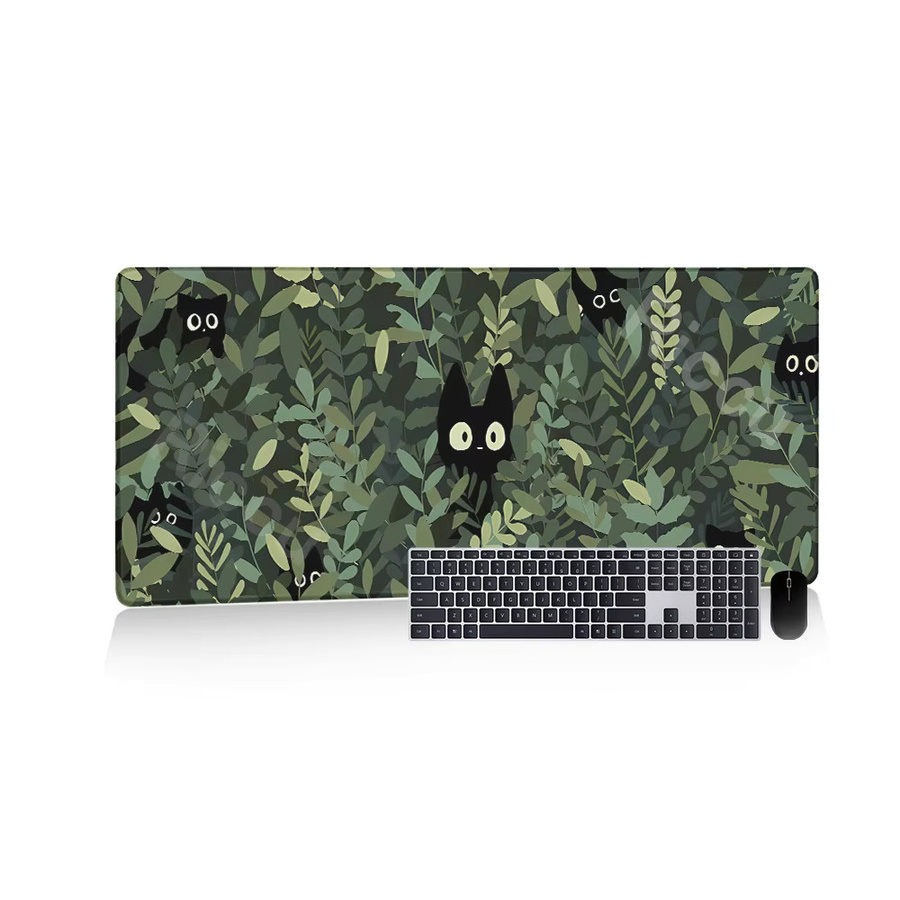 Riccu XXL Gamer-Mauspad mit Anime Motiv Schwarze Katze und Grüner Pflanze, Kawaii Schreibtischunterlage für PC und Büro - Bild 4