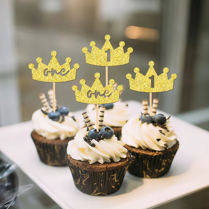 YOMDID 24 Stück Glitzer-Kronen-Cupcake-Topper in Gold für Geburtstag und Babyparty als Kuchenaufsätze und Partydekoration - Bild 3