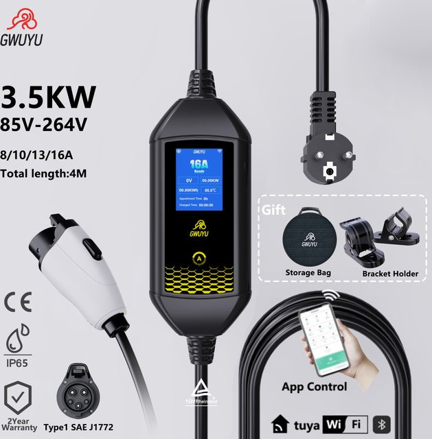 GWUYU Tragbares EV-Ladegerät Typ 1 J1772 Wallbox 3,5 kW mit App-Steuerung und 4 Meter Kabel in Schwarz - Bild 1